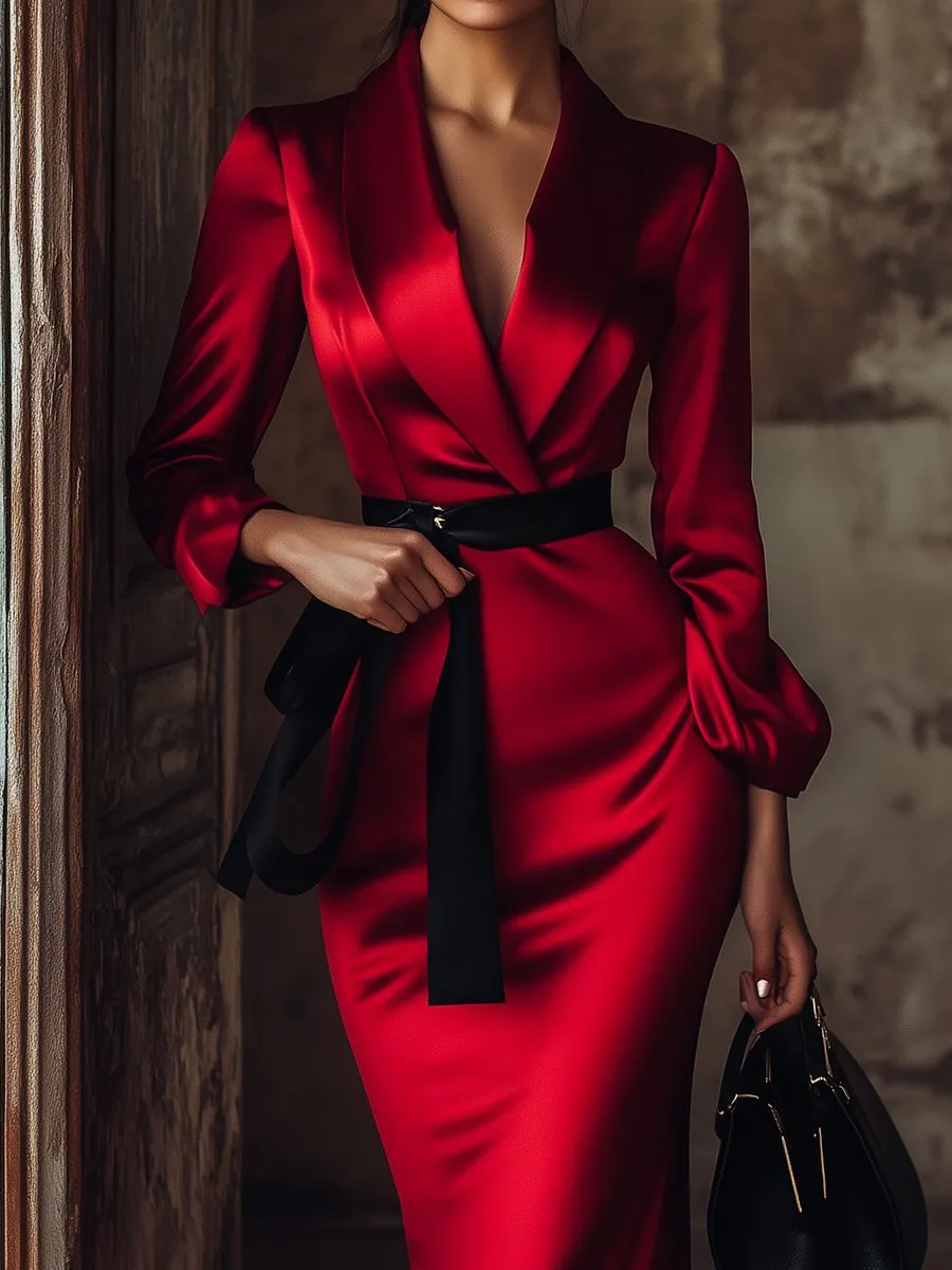 Crimson Satin Wrap Dress with Black Belt