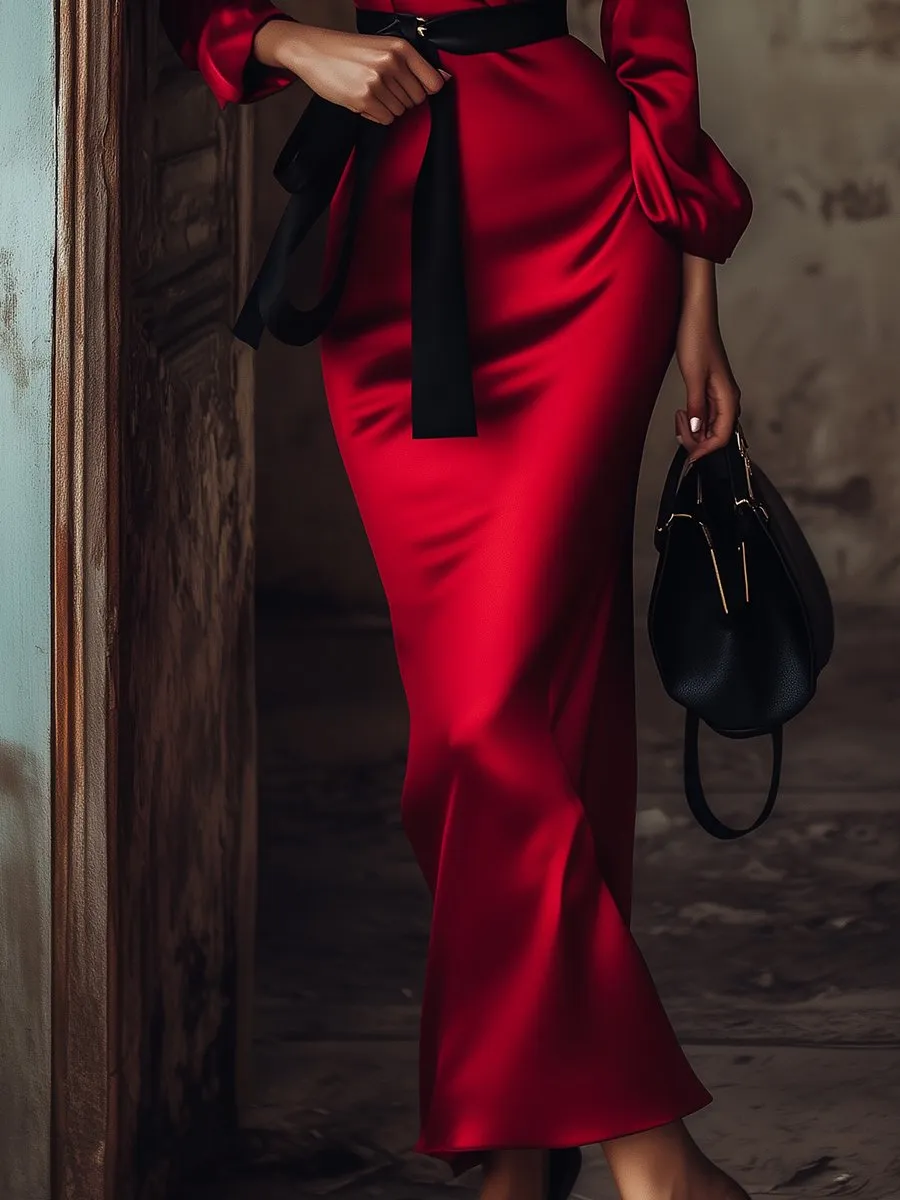 Crimson Satin Wrap Dress with Black Belt