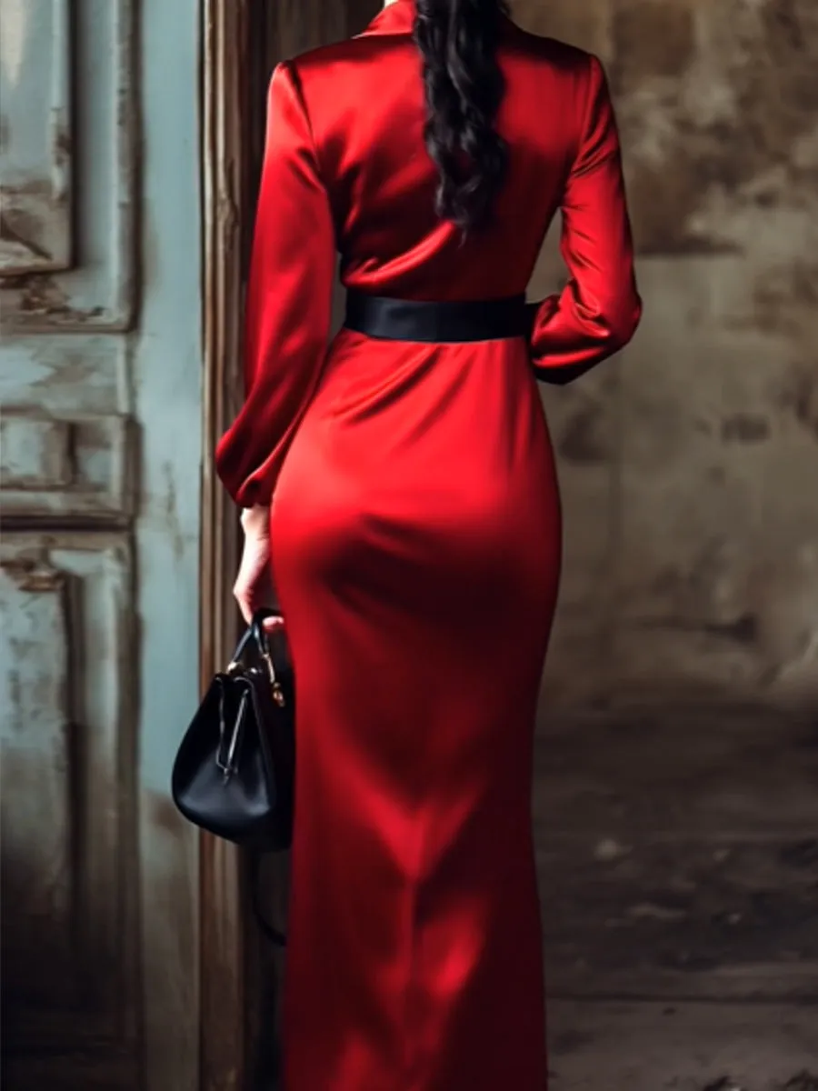 Crimson Satin Wrap Dress with Black Belt