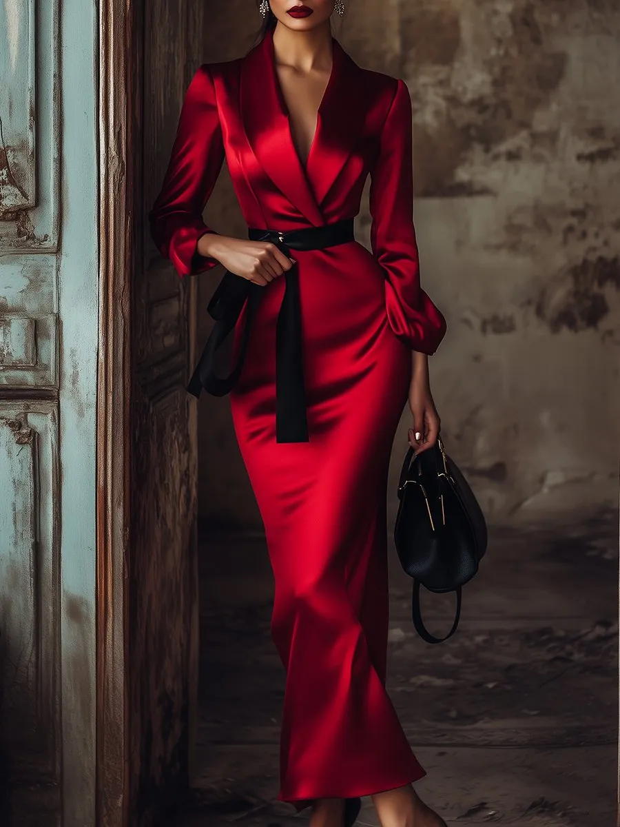 Crimson Satin Wrap Dress with Black Belt