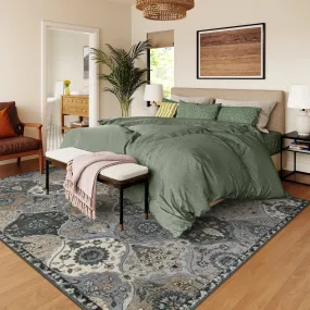 Elise Ultra-thin Transitional Vintage Floral Moroccan Trellis Grey Rug