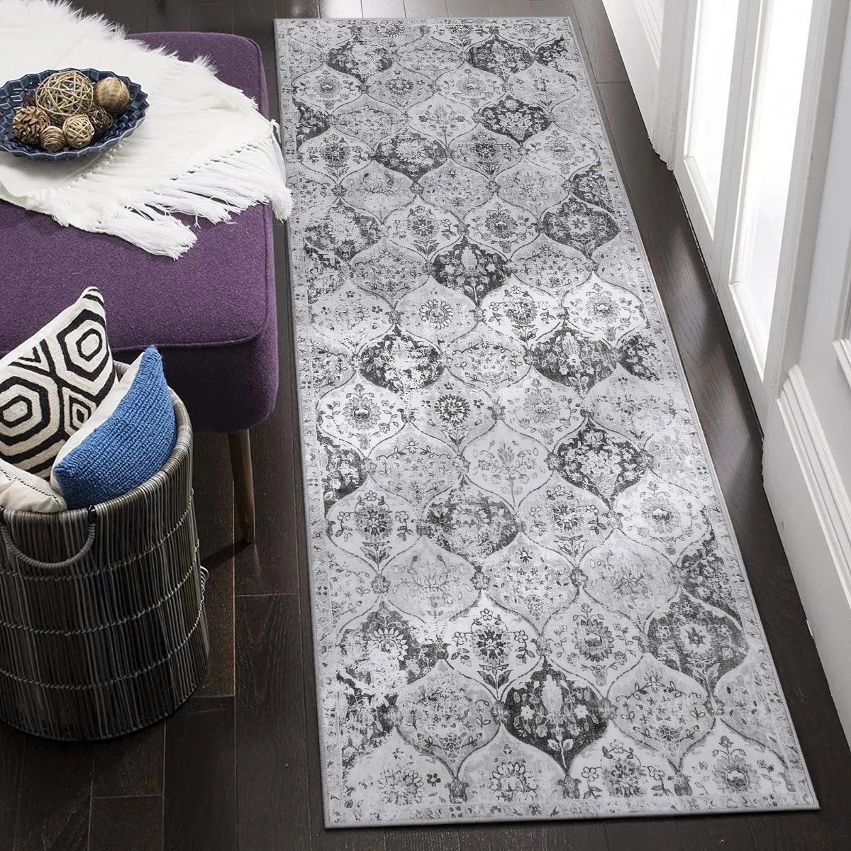 Elise Ultra-thin Transitional Vintage Moroccan Floral Trellis Silver Grey Rug