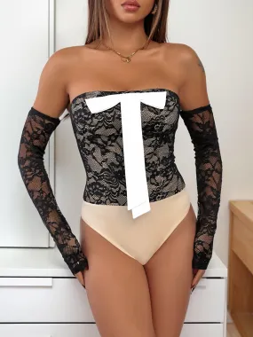 New off-Shoulder Bow Lace Stitching Contrast Color Jumpsuit