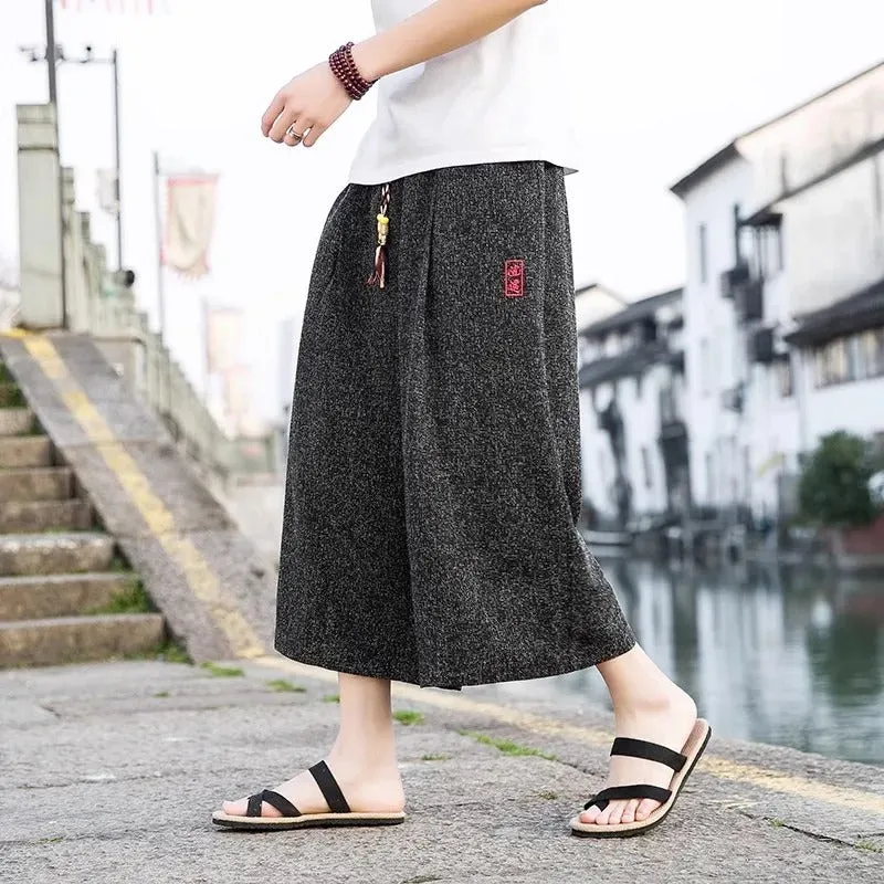 Vintage Style Embroidery Wide Leg Cropped Pants