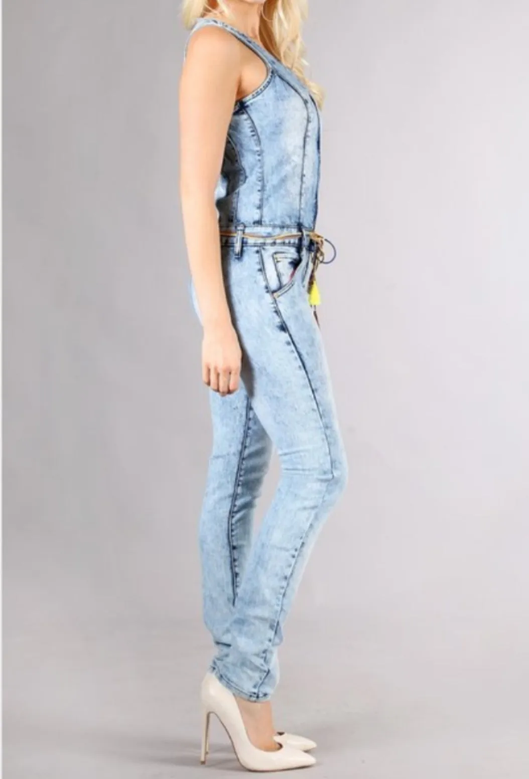 WOMEN "Chic Denim Jumpsuit with Elegant Lace Belt"