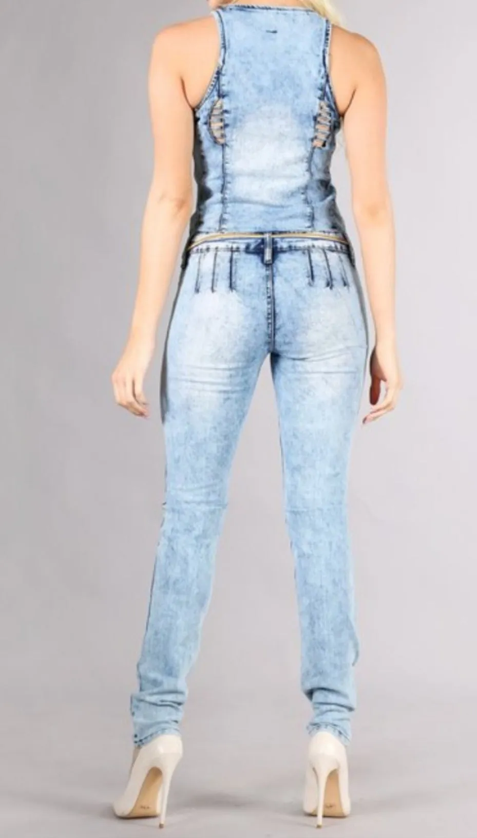 WOMEN "Chic Denim Jumpsuit with Elegant Lace Belt"